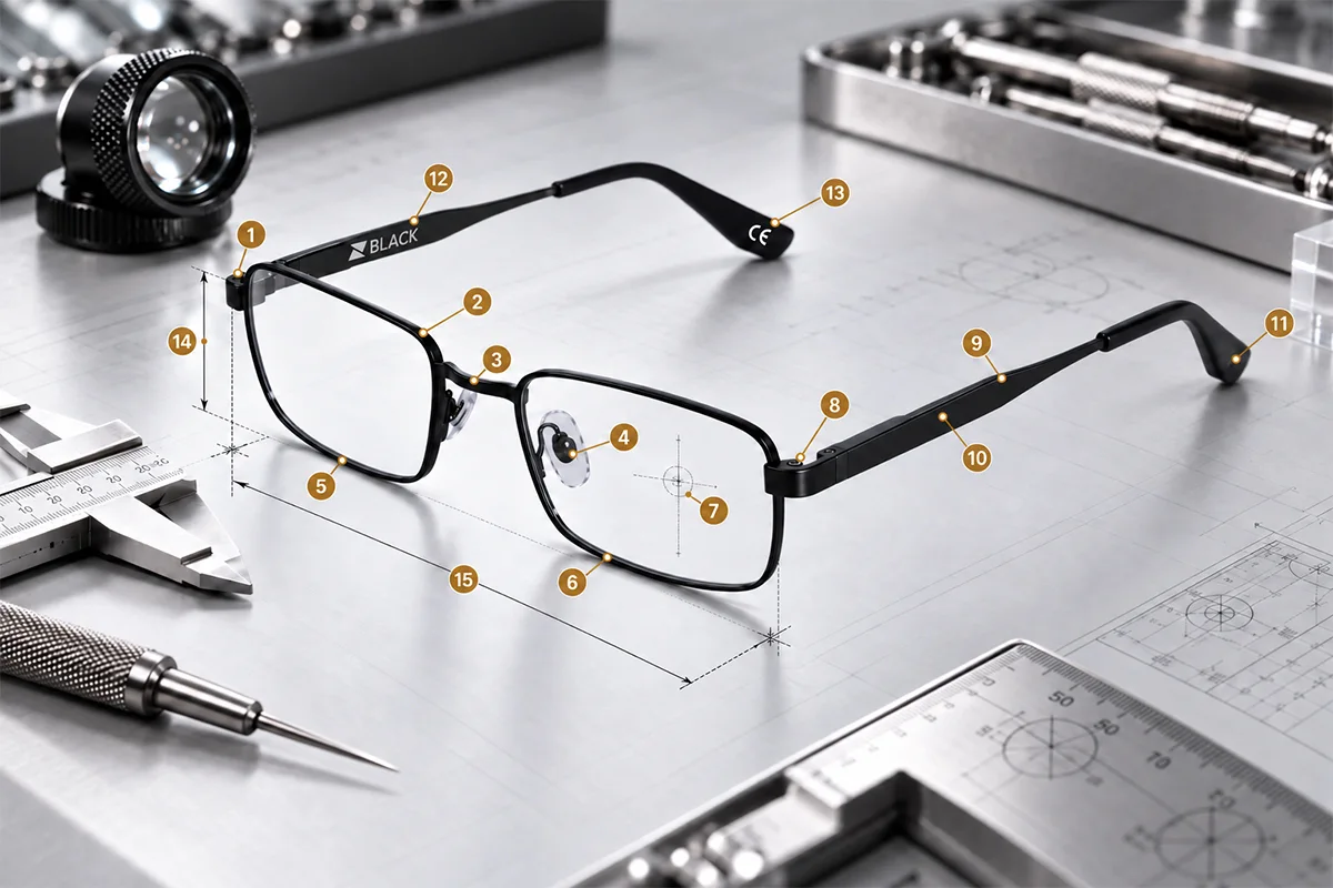 ZBLACK eyewear frame with 15 quality inspection points.